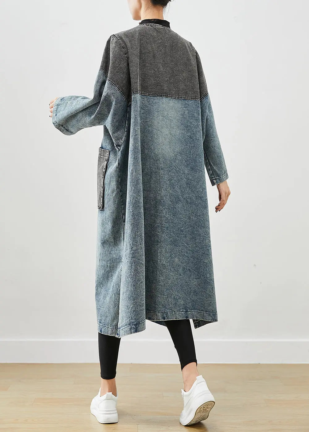 Art Blue Oversized Patchwork Lace Up Denim Cardigan Fall Ada Fashion