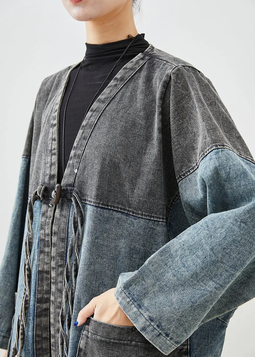Art Blue Oversized Patchwork Lace Up Denim Cardigan Fall Ada Fashion