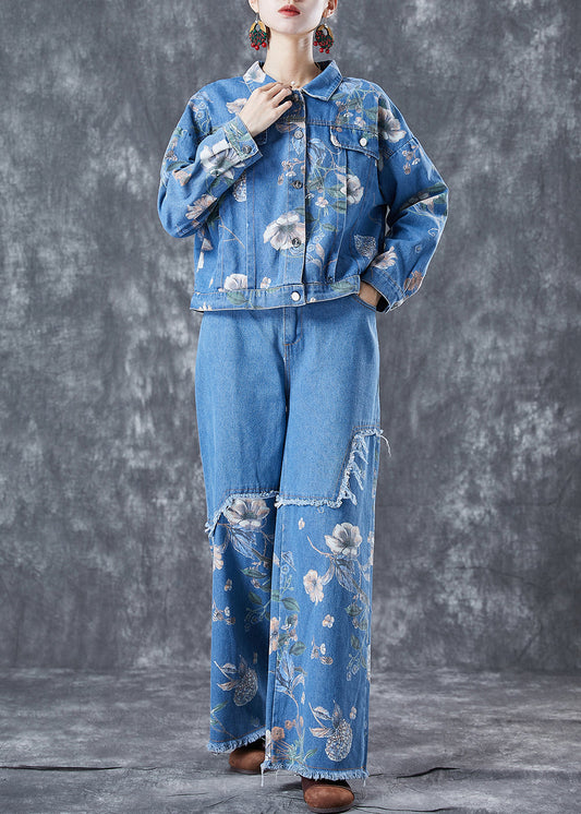 Art Blue Oversized Patchwork Print Denim Two-Piece Set Spring LY5659 - fabuloryshop