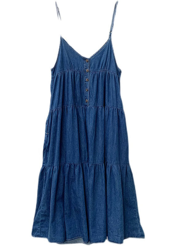 Art Blue Patchwork Wrinkled Denim Spaghetti Strap Dress Summer LY2129 - fabuloryshop