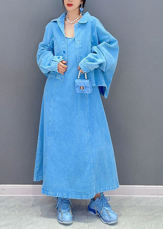 Art Blue Peter Pan Collar Patchwork Coat And Dress Denim Two Pieces Set Spring LC0337 - fabuloryshop