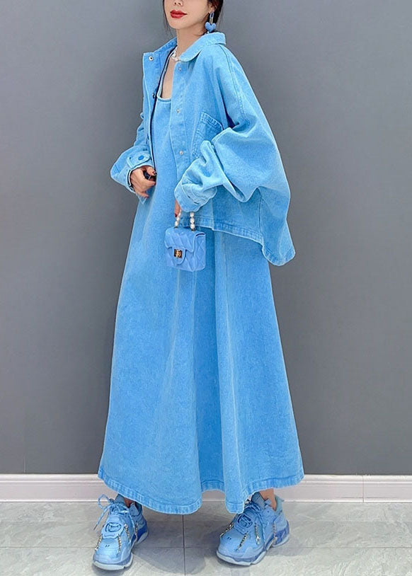 Art Blue Peter Pan Collar Patchwork Coat And Dress Denim Two Pieces Set Spring LC0337 - fabuloryshop