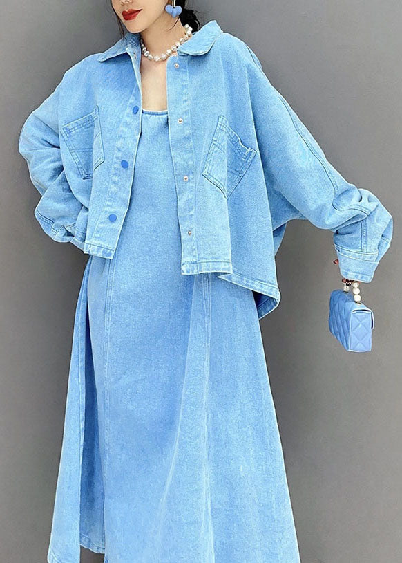 Art Blue Peter Pan Collar Patchwork Coat And Dress Denim Two Pieces Set Spring LC0337 - fabuloryshop