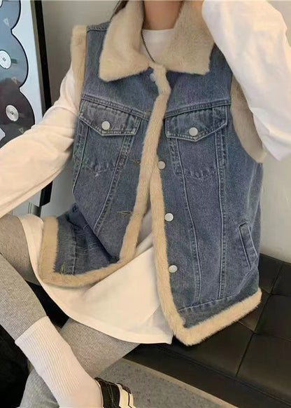 Art Blue Peter Pan Collar Patchwork Warm Fleece Faux Fur Denim Waistcoat Sleeveless Ada Fashion