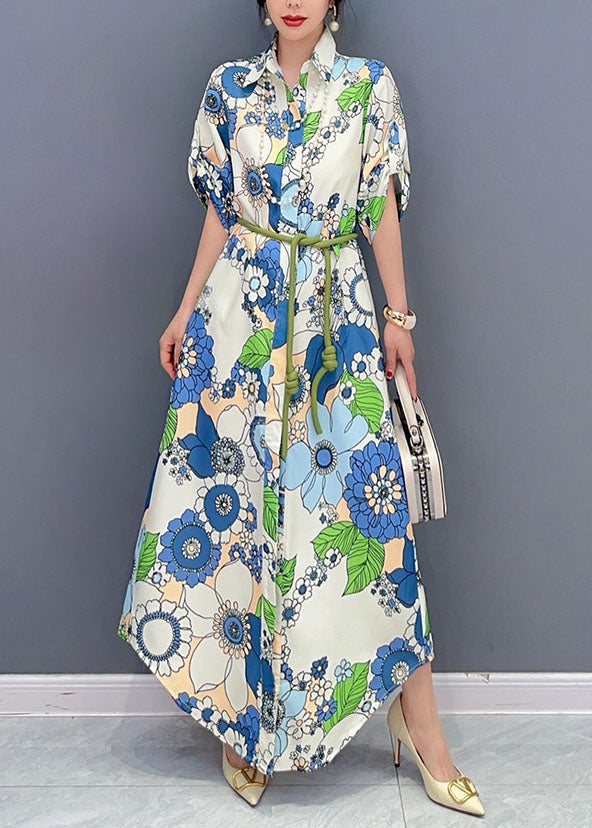 Art Blue Peter Pan Collar Print Cotton Maxi Shirts Dresses Summer LC0349 - fabuloryshop