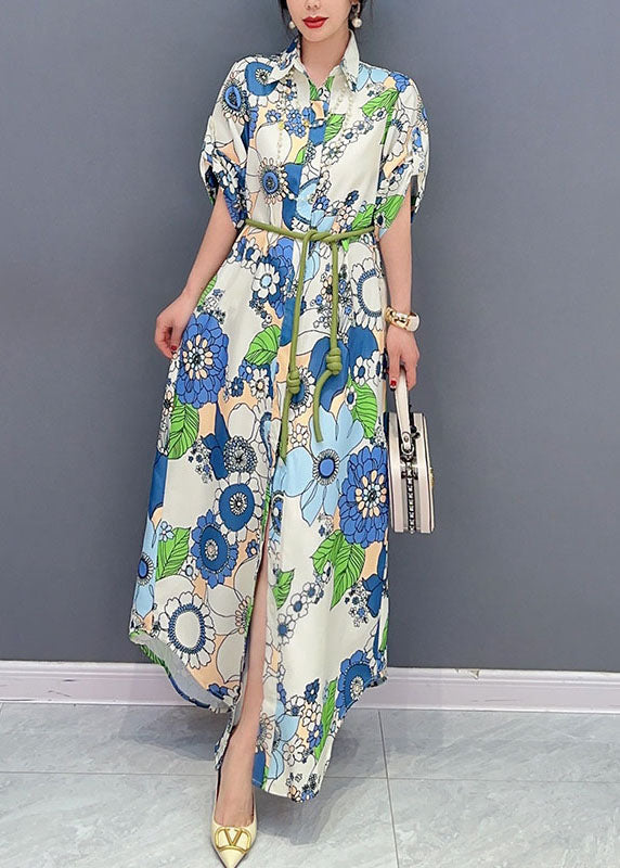 Art Blue Peter Pan Collar Print Cotton Maxi Shirts Dresses Summer LC0349 - fabuloryshop