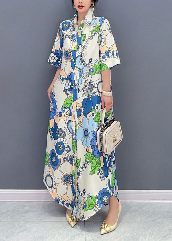 Art Blue Peter Pan Collar Print Cotton Maxi Shirts Dresses Summer LC0349 - fabuloryshop