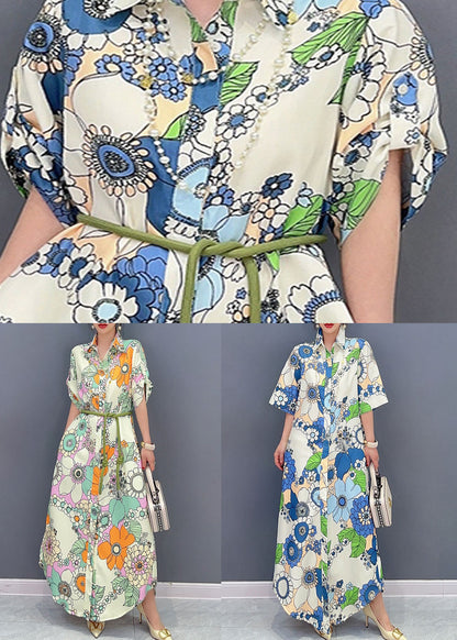 Art Blue Peter Pan Collar Print Cotton Maxi Shirts Dresses Summer LC0349 - fabuloryshop