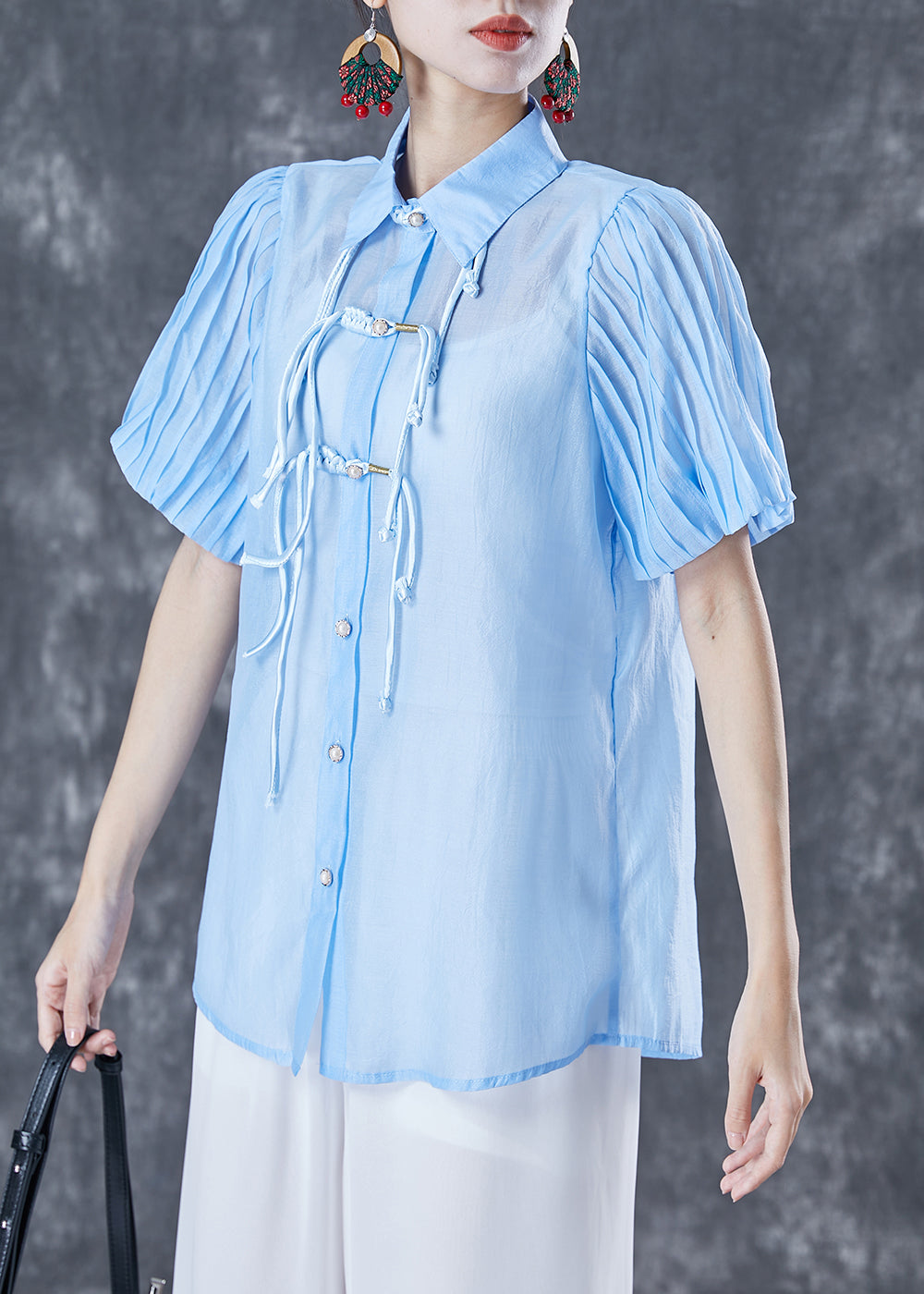 Art Blue Peter Pan Collar Tassel Silk Blouse Tops Lantern Sleeve TA1043 - fabuloryshop