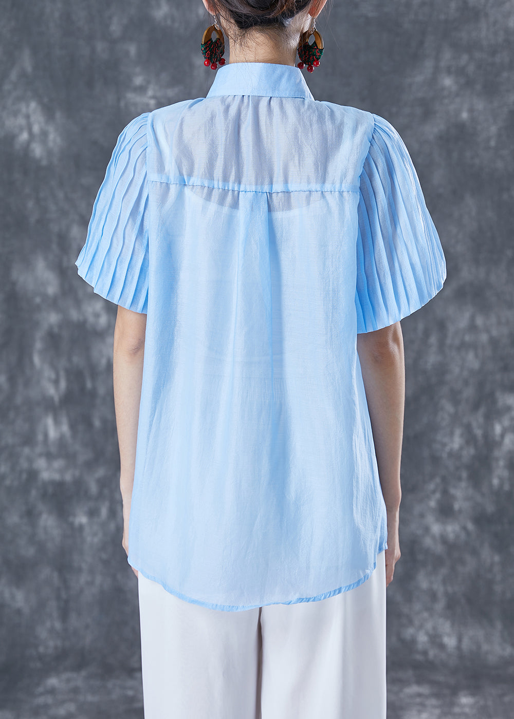 Art Blue Peter Pan Collar Tassel Silk Blouse Tops Lantern Sleeve TA1043 - fabuloryshop