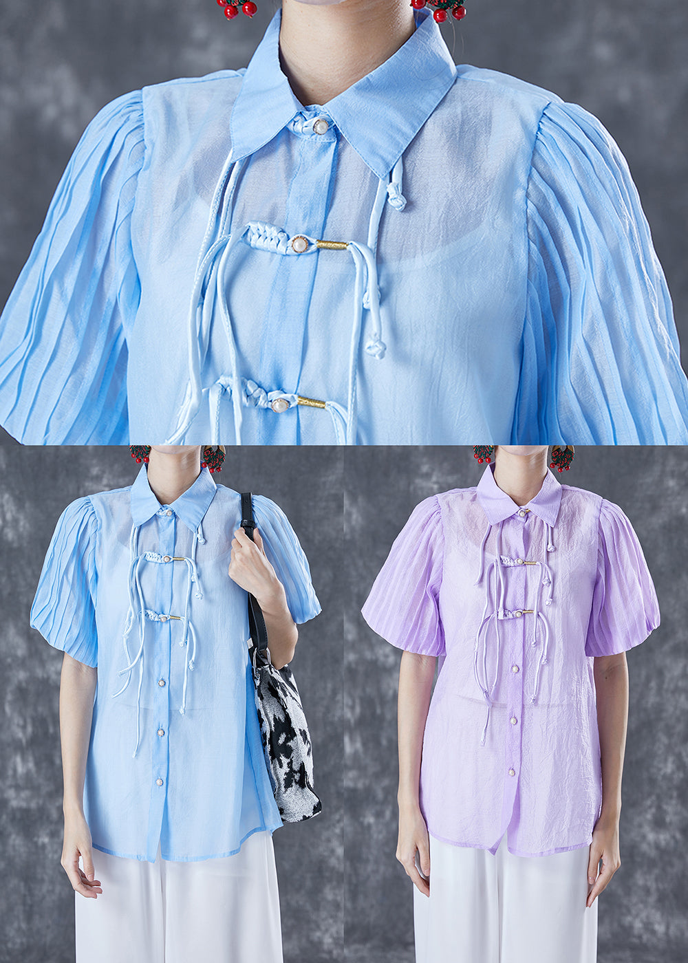 Art Blue Peter Pan Collar Tassel Silk Blouse Tops Lantern Sleeve TA1043 - fabuloryshop