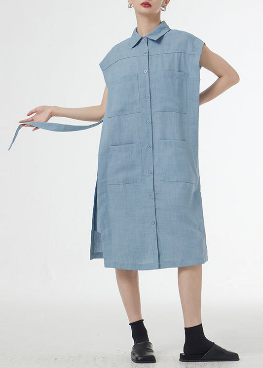 Art Blue Peter Pan Collar Tie Waist Patchwork Linen Shirts Dresses Short Sleeveless Ada Fashion