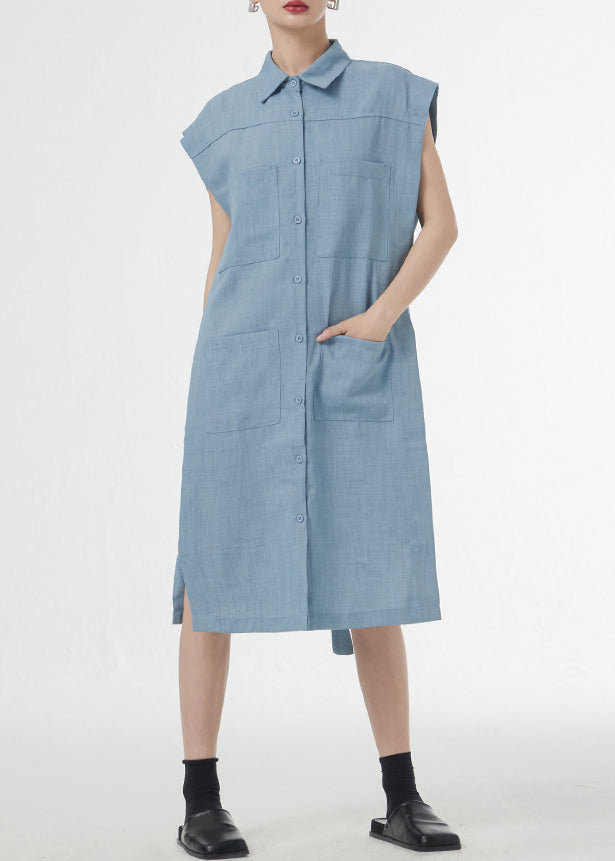 Art Blue Peter Pan Collar Tie Waist Patchwork Linen Shirts Dresses Short Sleeveless Ada Fashion