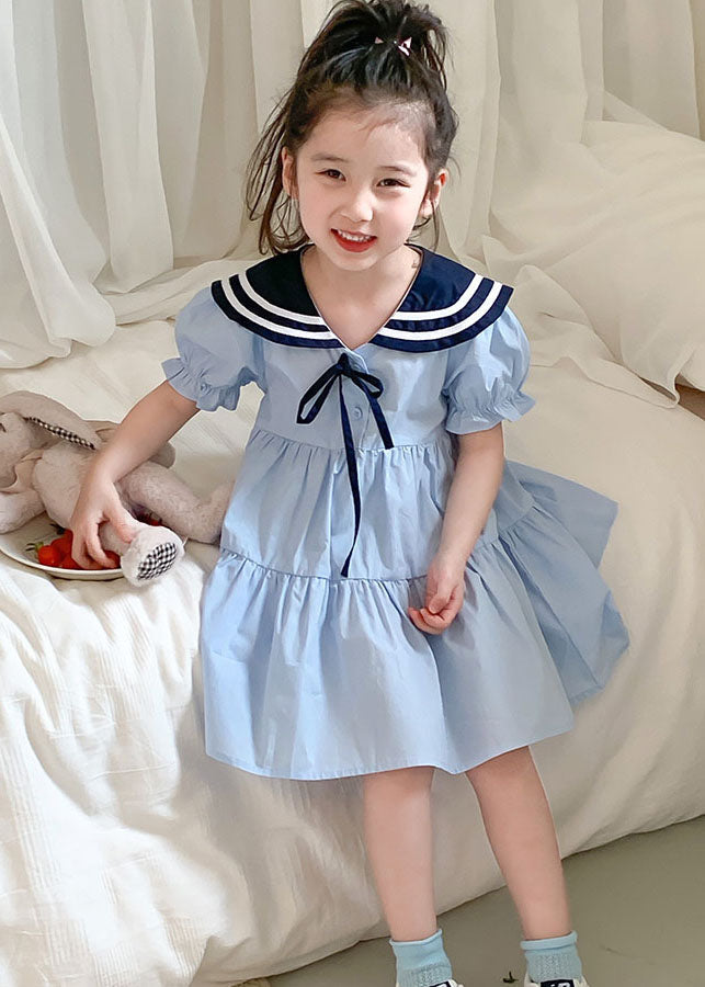 Art Blue Peter Pan Collar Wrinkled Patchwork Cotton Kids Girls Dress Summer LY5519 - fabuloryshop