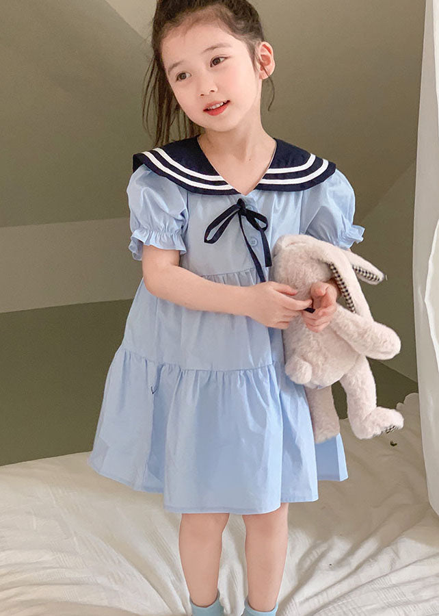 Art Blue Peter Pan Collar Wrinkled Patchwork Cotton Kids Girls Dress Summer LY5519 - fabuloryshop