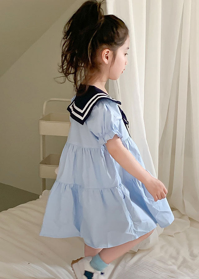 Art Blue Peter Pan Collar Wrinkled Patchwork Cotton Kids Girls Dress Summer LY5519 - fabuloryshop