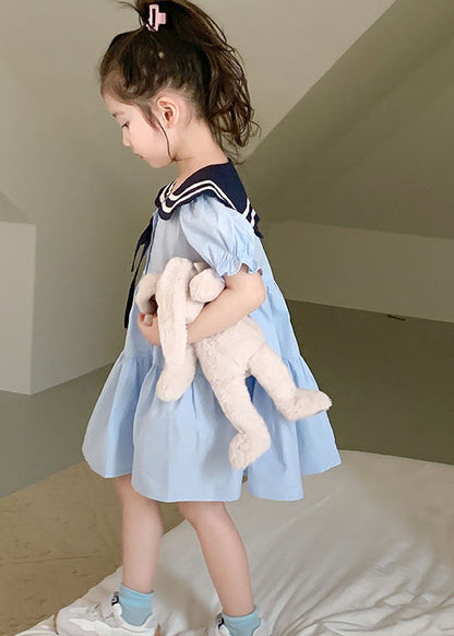 Art Blue Peter Pan Collar Wrinkled Patchwork Cotton Kids Girls Dress Summer LY5519 - fabuloryshop