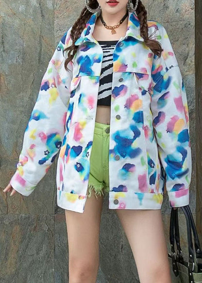 Art Blue Peter Pan Collar Zircon Print Patchwork Denim Coat Spring LY5216 - fabuloryshop