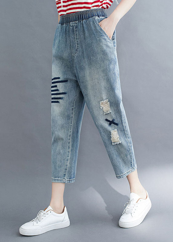 Art Blue Pockets Elastic Waist Patchwork Denim Crop Pants Summer LY5690 - fabuloryshop