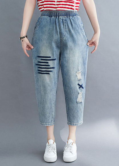 Art Blue Pockets Elastic Waist Patchwork Denim Crop Pants Summer LY5690 - fabuloryshop