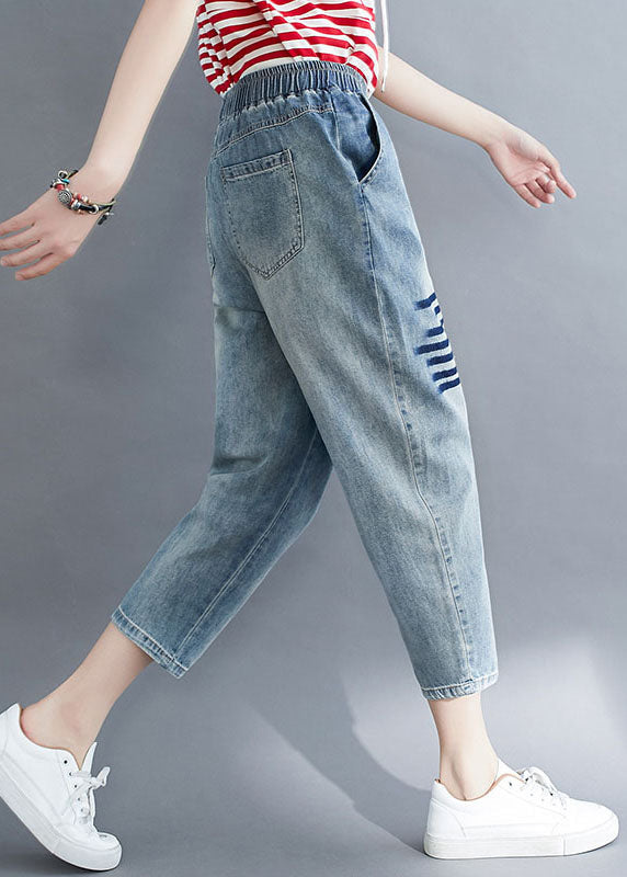 Art Blue Pockets Elastic Waist Patchwork Denim Crop Pants Summer LY5690 - fabuloryshop