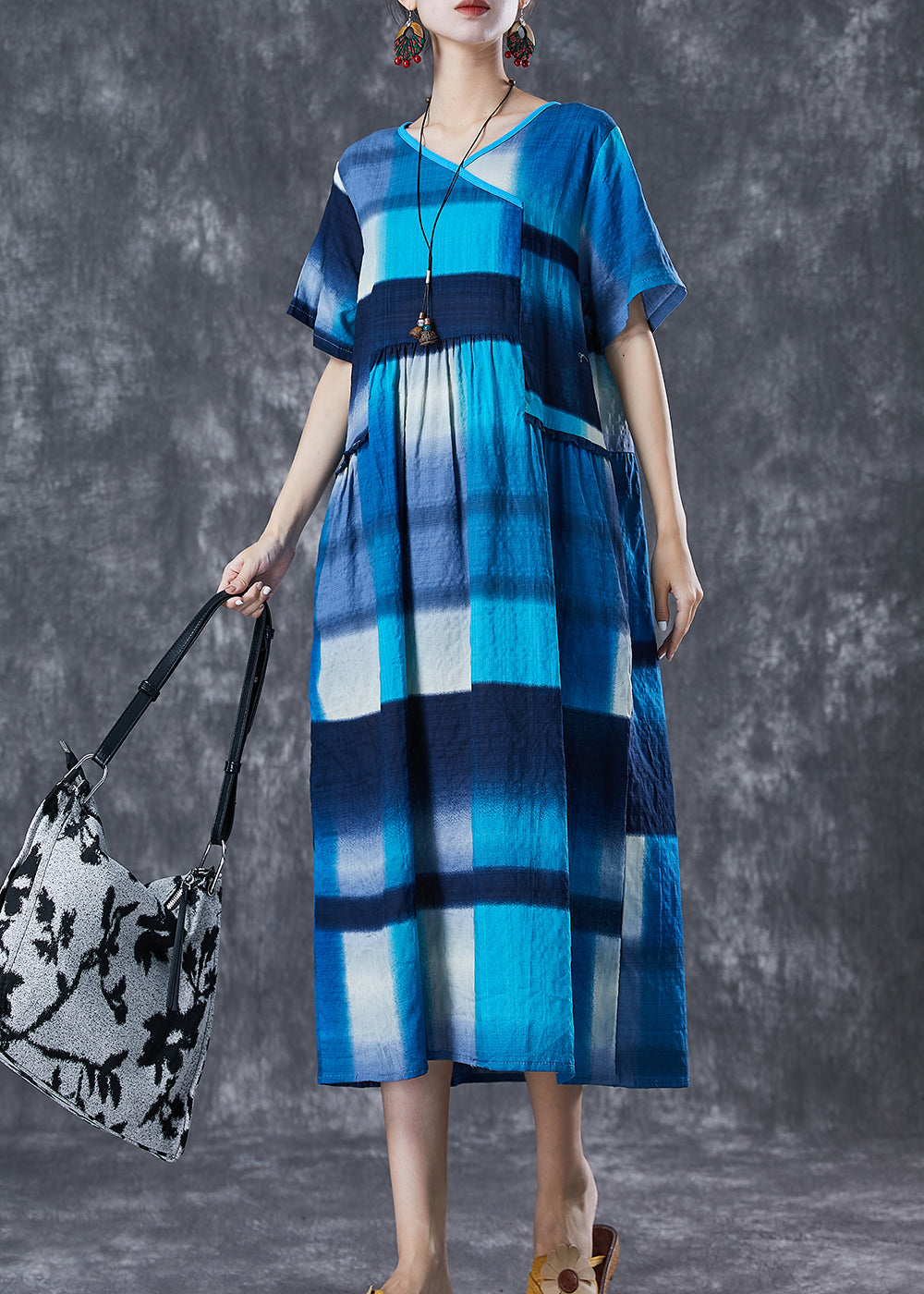 Art Blue Ruffled Patchwork Plaid Cotton Long Dress Summer LY6770 - fabuloryshop