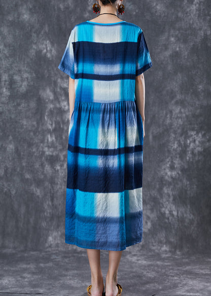 Art Blue Ruffled Patchwork Plaid Cotton Long Dress Summer LY6770 - fabuloryshop