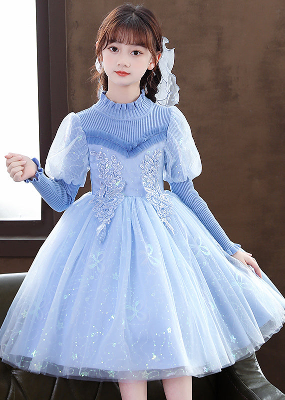 Art Blue Ruffled Sequins Patchwork Tulle Baby Girls Party Dress Fall Ada Fashion