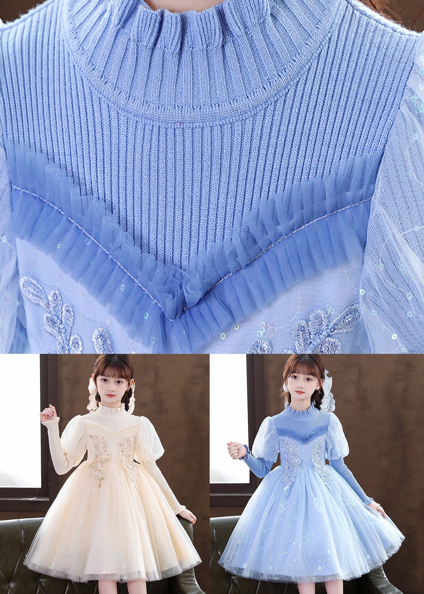 Art Blue Ruffled Sequins Patchwork Tulle Baby Girls Party Dress Fall Ada Fashion