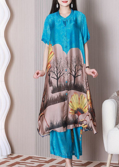 Art Blue Stand Collar Print Draping Silk A Line Dress Two Pieces Set Summer LY3767 - fabuloryshop