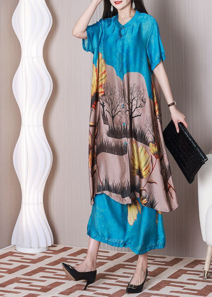 Art Blue Stand Collar Print Draping Silk A Line Dress Two Pieces Set Summer LY3767 - fabuloryshop