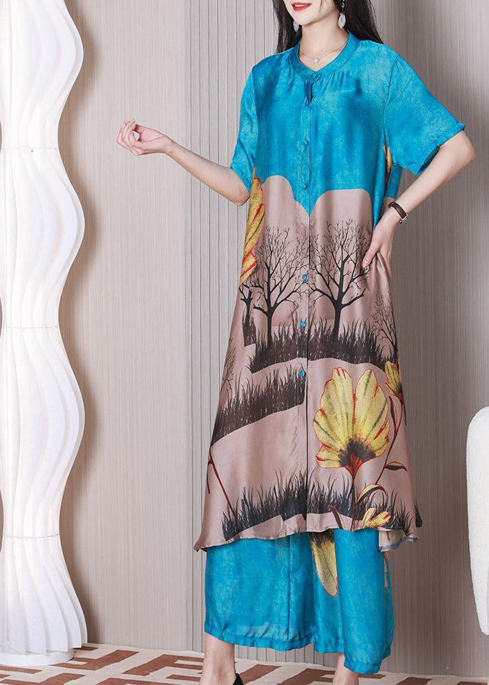 Art Blue Stand Collar Print Draping Silk A Line Dress Two Pieces Set Summer LY3767 - fabuloryshop