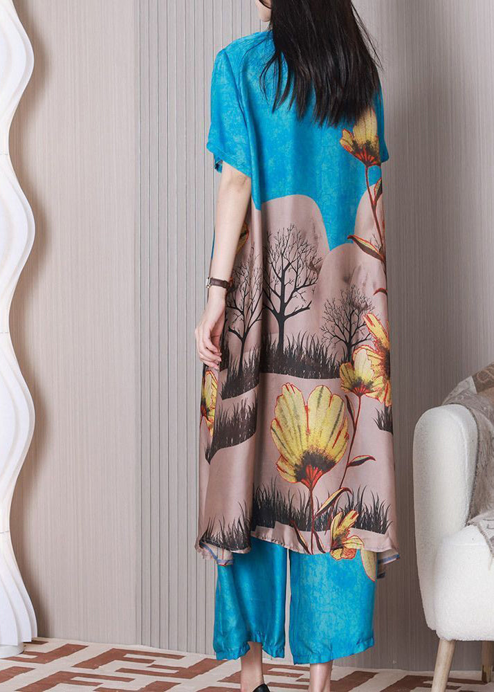 Art Blue Stand Collar Print Draping Silk A Line Dress Two Pieces Set Summer LY3767 - fabuloryshop