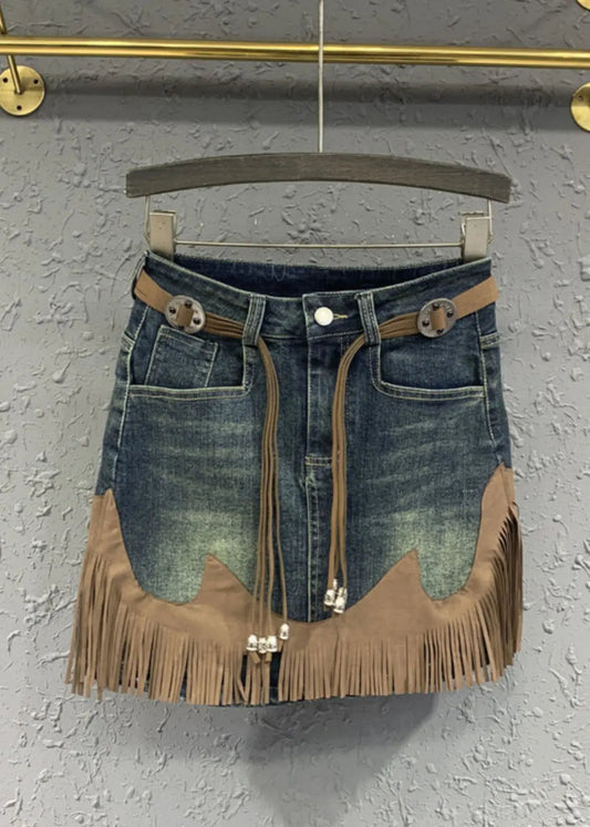 Art Blue Tassel Patchwork High Waist Denim Skirt Summer Ada Fashion