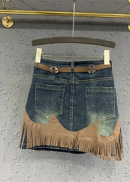 Art Blue Tassel Patchwork High Waist Denim Skirt Summer Ada Fashion