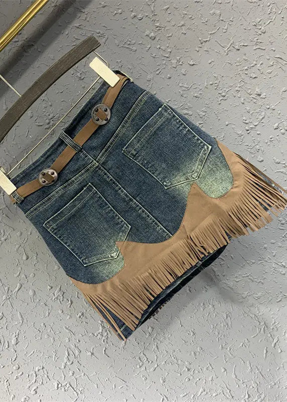 Art Blue Tassel Patchwork High Waist Denim Skirt Summer Ada Fashion