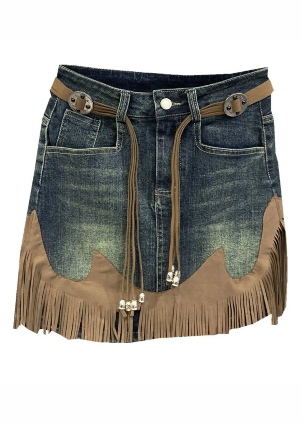 Art Blue Tassel Patchwork High Waist Denim Skirt Summer Ada Fashion