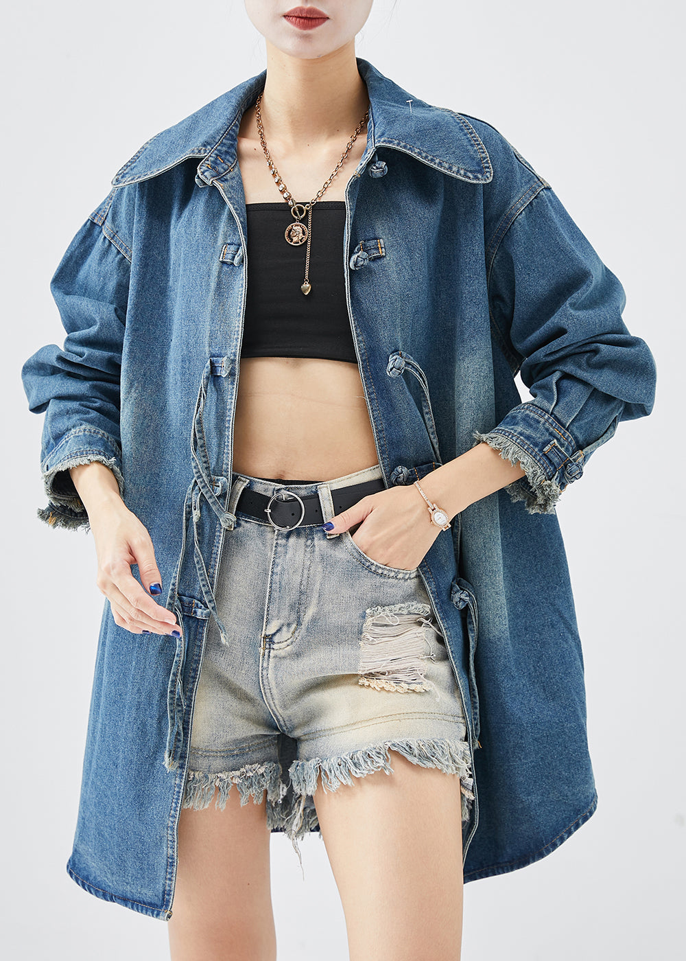 Art Blue Tasseled Chinese Button Denim Coats Fall Ada Fashion