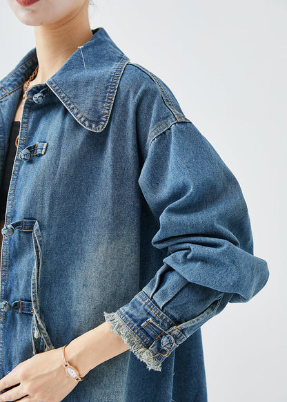 Art Blue Tasseled Chinese Button Denim Coats Fall Ada Fashion