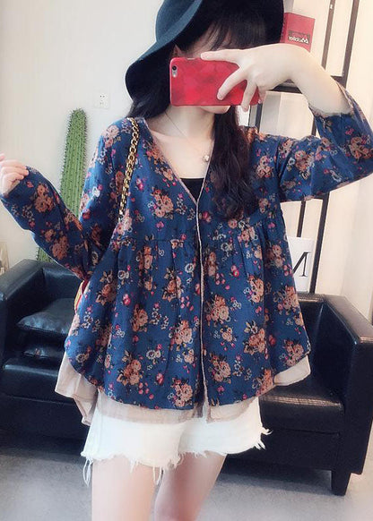 Art Blue V Neck Print Wrinkled Patchwork Cotton Shirt Tops Spring LY2906 - fabuloryshop