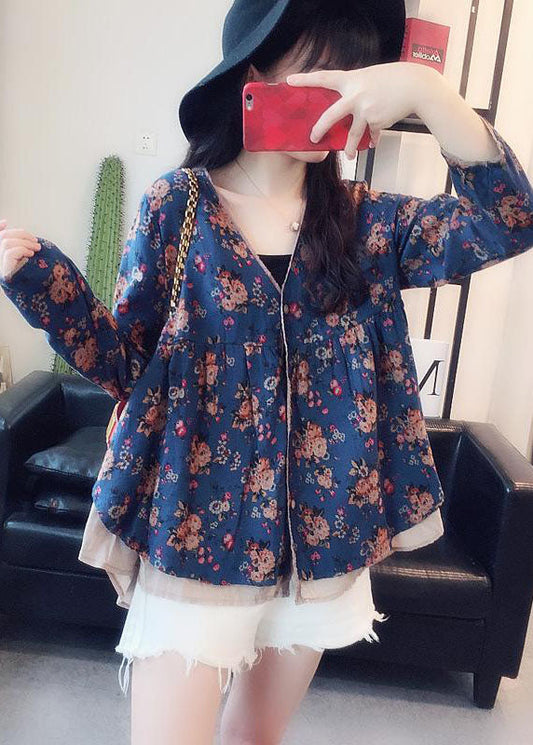 Art Blue V Neck Print Wrinkled Patchwork Cotton Shirt Tops Spring LY2906 - fabuloryshop