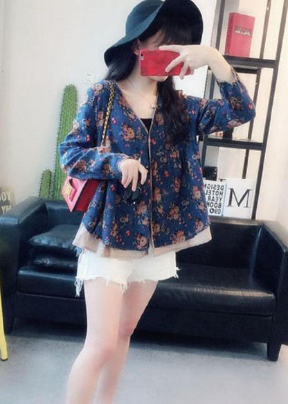 Art Blue V Neck Print Wrinkled Patchwork Cotton Shirt Tops Spring LY2906 - fabuloryshop