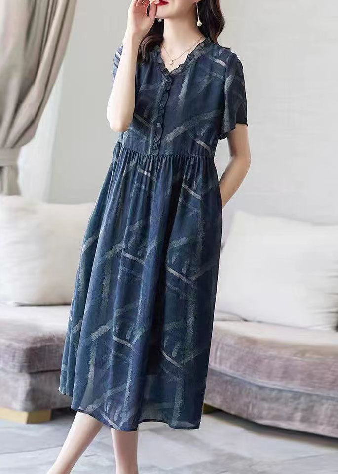 Art Blue V Neck Ruffled Print Patchwork Chiffon Dresses Summer TP1033 - fabuloryshop