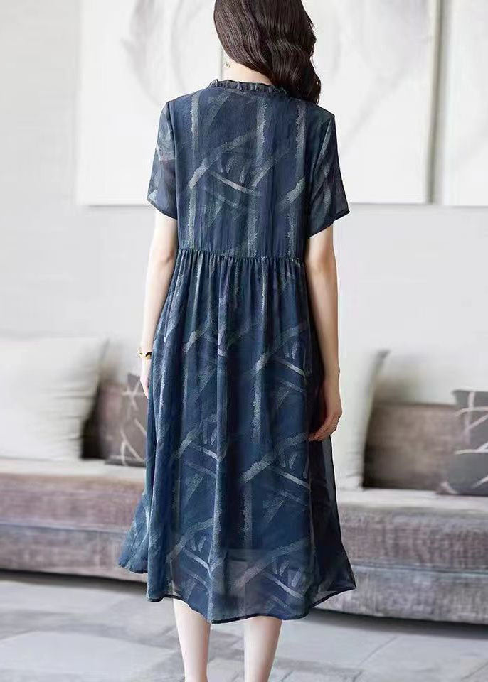 Art Blue V Neck Ruffled Print Patchwork Chiffon Dresses Summer TP1033