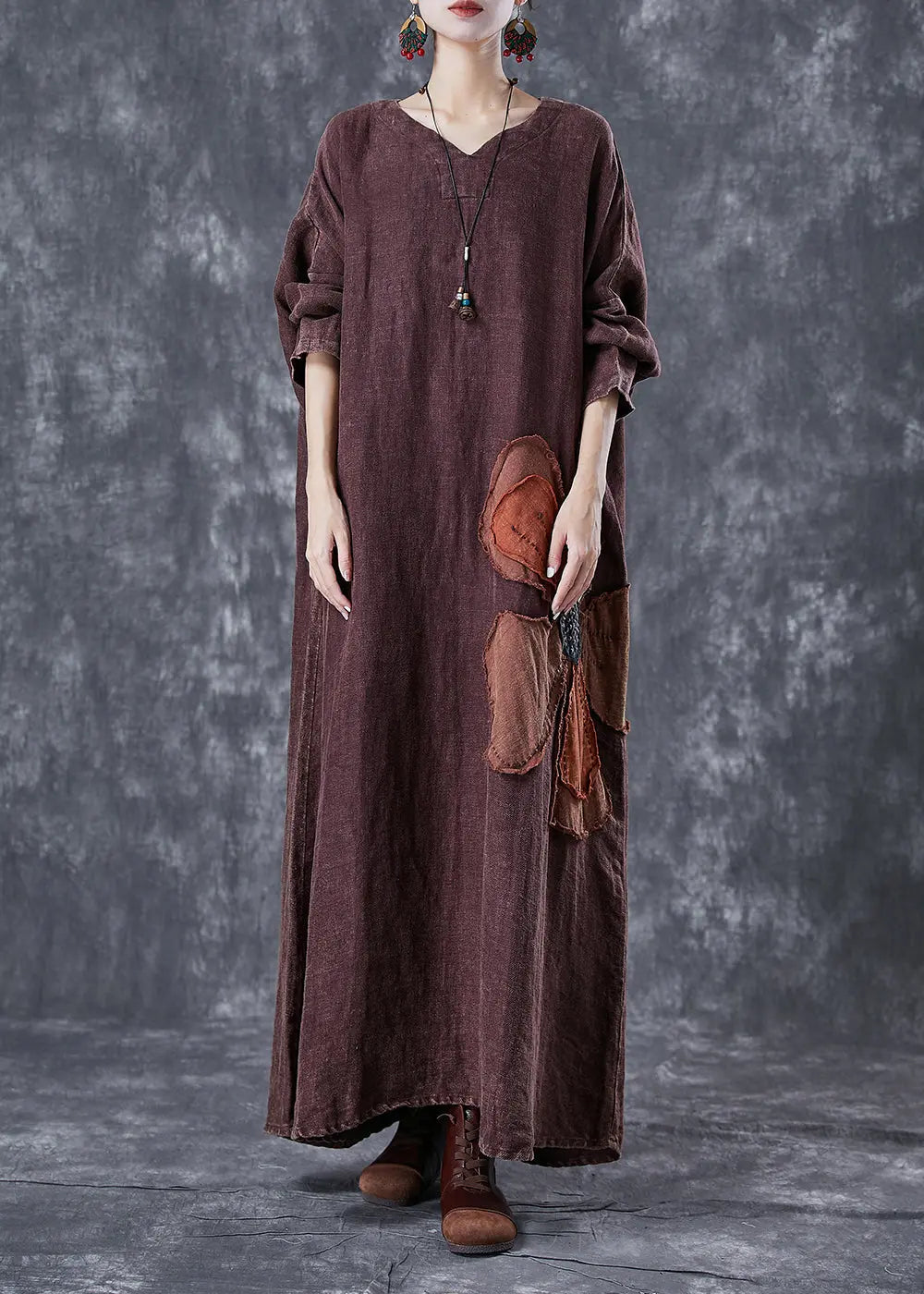 Art Brick Red Oversized Patchwork Applique Linen Ankle Dress Batwing Sleeve Ada Fashion