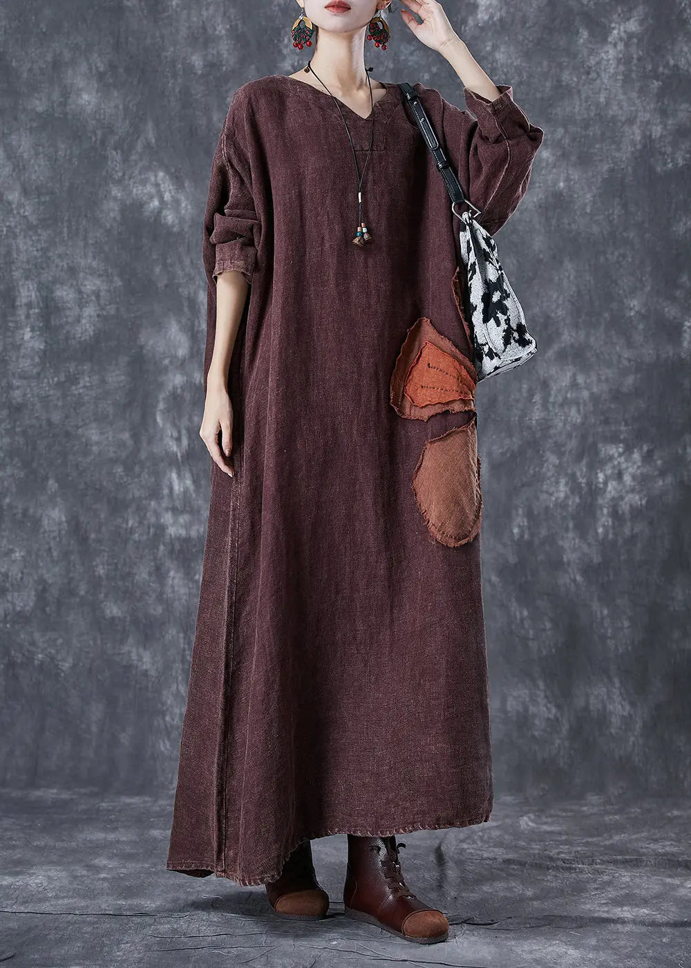 Art Brick Red Oversized Patchwork Applique Linen Ankle Dress Batwing Sleeve Ada Fashion