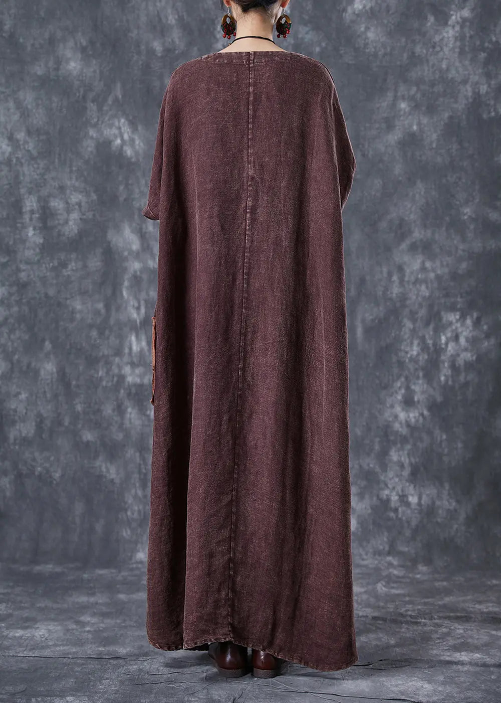 Art Brick Red Oversized Patchwork Applique Linen Ankle Dress Batwing Sleeve Ada Fashion