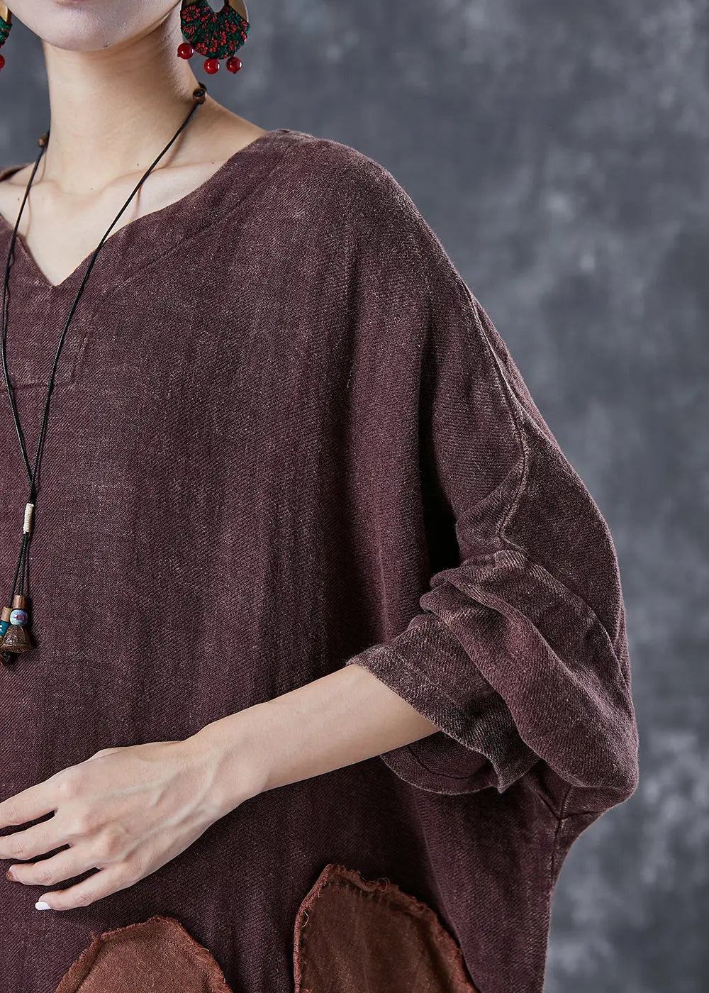Art Brick Red Oversized Patchwork Applique Linen Ankle Dress Batwing Sleeve Ada Fashion