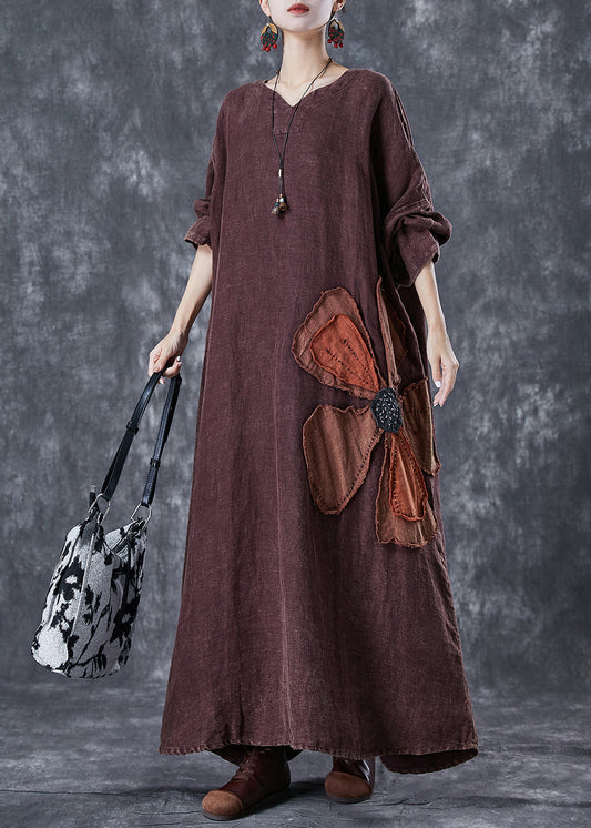Art Brick Red Oversized Patchwork Applique Linen Ankle Dress Batwing Sleeve TD1065 - fabuloryshop
