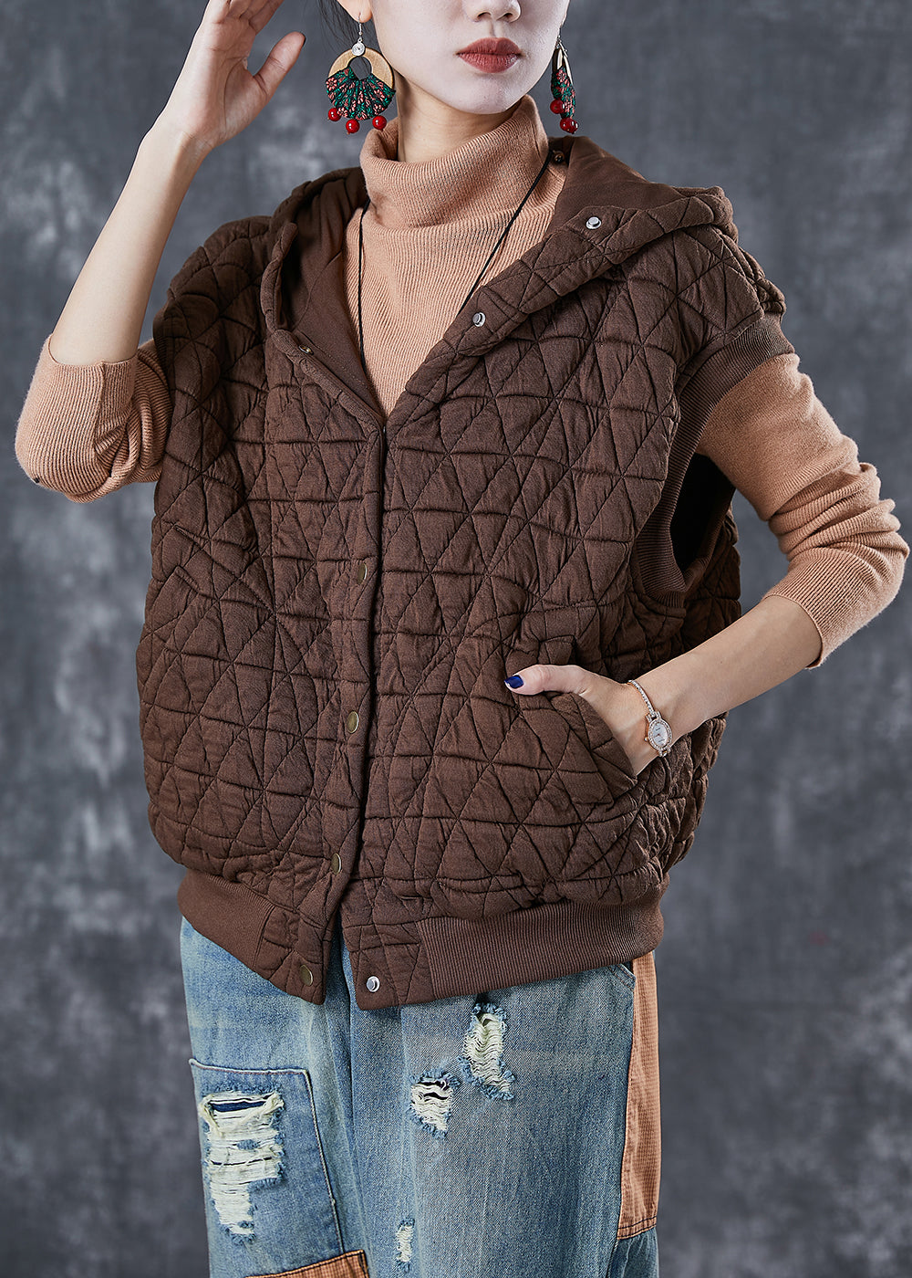 Art Brown Hooded Thick Cotton Vests Winter Ada Fashion